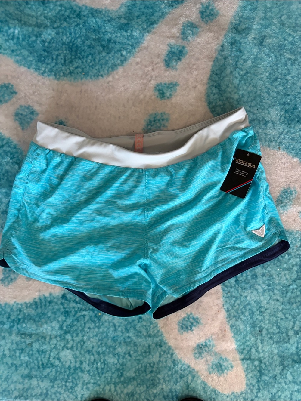 Turquoise Athletic Shorts with White Waistband and Navy Trim